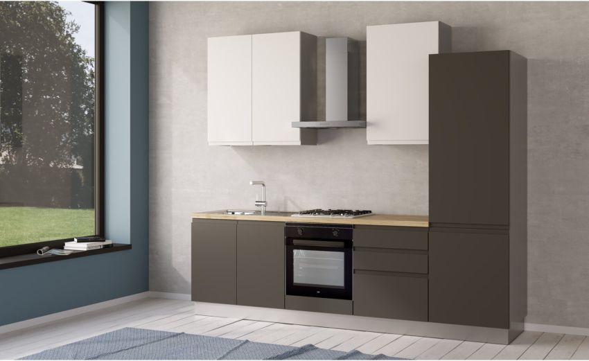 Iris cucina 270 cm colore grigio scuro e bianco opaco con frigo -3 elettrodomestici--Melaminico Iris cucina 270 cm colore grigio scuro e bianco opaco con frigo -3 elettrodomestici--Melaminico
