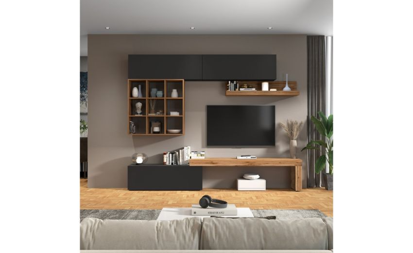 Vasto parete soggiorno colore antracite e rovere L280 cm-Composizione 9-Antracite-Nobilitato-220 cmx280 cm Vasto parete soggiorno colore antracite e rovere L280 cm-Composizione 9-Antracite-Nobilitato-220 cmx280 cm