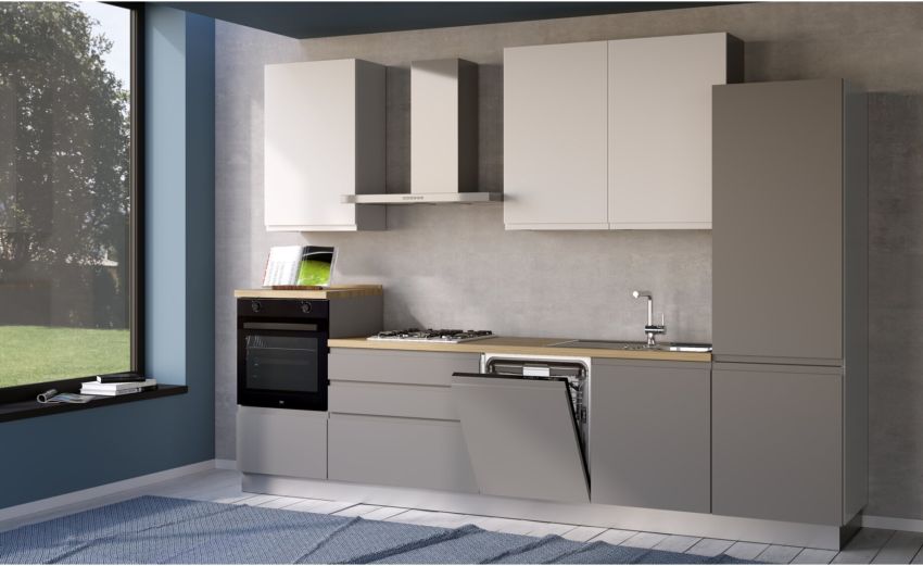 Iris cucina 330 cm colore grigio chiaro e bianco opaco con lavastoviglie-4 elettrodomestici--Melaminico Iris cucina 330 cm colore grigio chiaro e bianco opaco con lavastoviglie-4 elettrodomestici--Melaminico