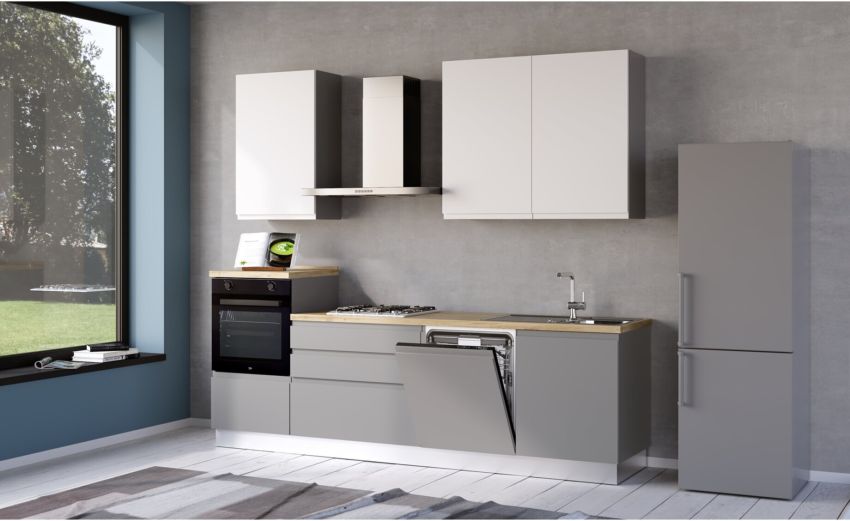 Iris cucina 270 cm colore grigio chiaro e bianco opaco con lavastoviglie-3 elettrodomestici --Melaminico Iris cucina 270 cm colore grigio chiaro e bianco opaco con lavastoviglie-3 elettrodomestici --Melaminico