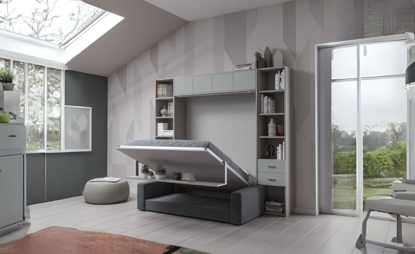 Cabrio letto a scomparsa con divano e mensola colore tiglio e grigio light-L272xH242-Grigio-Pannello-Matrimoniale Cabrio letto a scomparsa con divano e mensola colore tiglio e grigio light-L272xH242-Grigio-Pannello-Matrimoniale