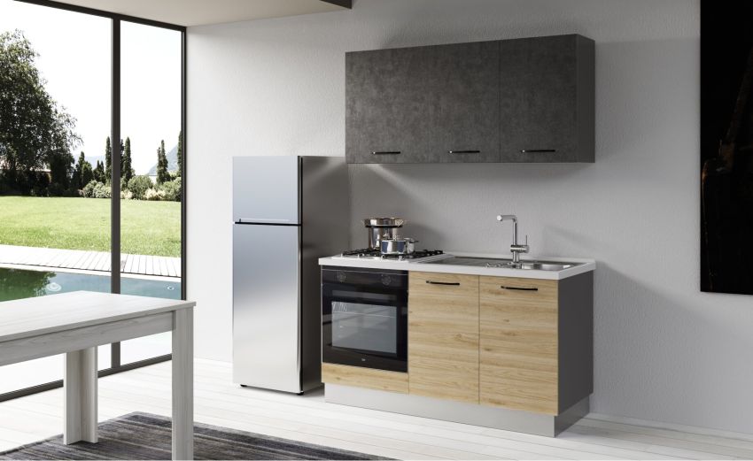 Gilda cucina 150 cm colore rovere cadiz e cemento scuro -2 elettrodomestici-Legno naturale-Pannello Gilda cucina 150 cm colore rovere cadiz e cemento scuro -2 elettrodomestici-Legno naturale-Pannello
