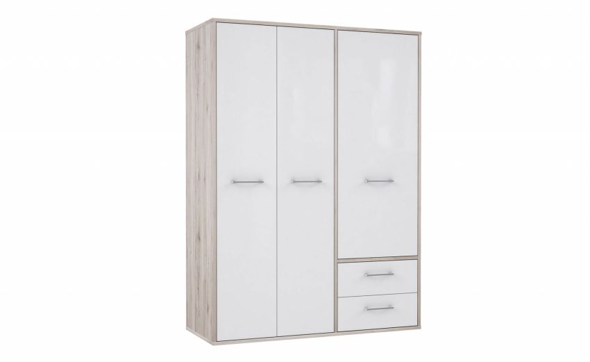 Giada armadio 3 ante battenti e 2 cassetti bianco lucido-Struttura in pannello rovere Giada armadio 3 ante battenti e 2 cassetti bianco lucido-Struttura in pannello rovere