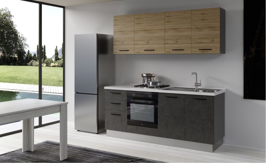 Gilda cucina 195 cm colore cemento scuro e rovere cadiz-2 elettrodomestici-Legno naturale-Pannello Gilda cucina 195 cm colore cemento scuro e rovere cadiz-2 elettrodomestici-Legno naturale-Pannello