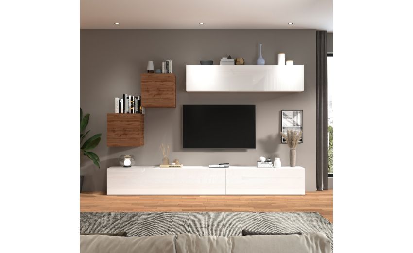 Vasto parete soggiorno colore bianco lucido e rovere L300 cm-Composizione 13-Bianco-Nobilitato-220 cmx300 cm Vasto parete soggiorno colore bianco lucido e rovere L300 cm-Composizione 13-Bianco-Nobilitato-220 cmx300 cm