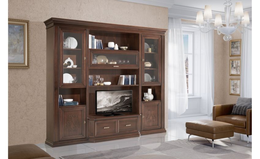 Pienza parete con vano tv in legno noce-Larghezza 281 Pienza parete con vano tv in legno noce-Larghezza 281
