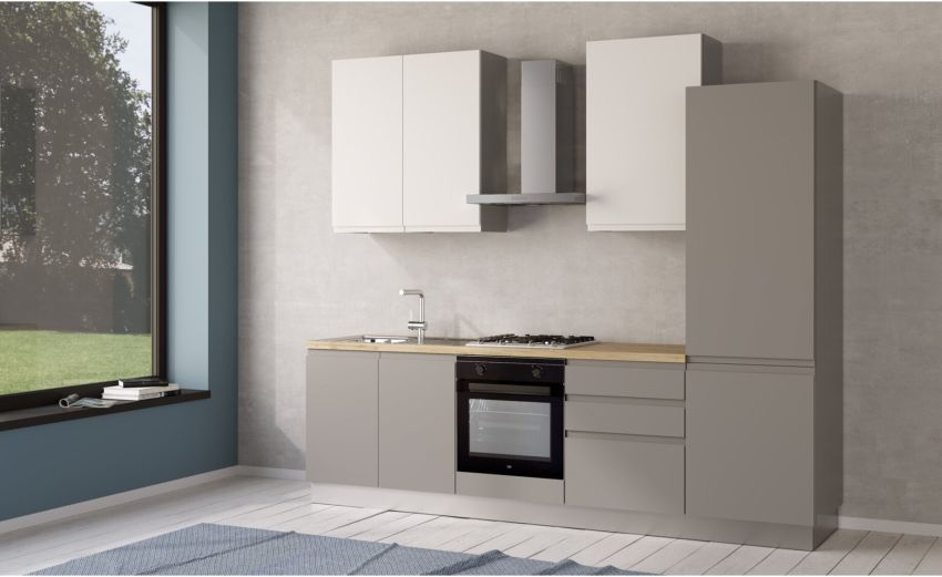 Iris cucina 270 cm colore grigio chiaro e bianco opaco con frigo -3 elettrodomestici--Melaminico Iris cucina 270 cm colore grigio chiaro e bianco opaco con frigo -3 elettrodomestici--Melaminico
