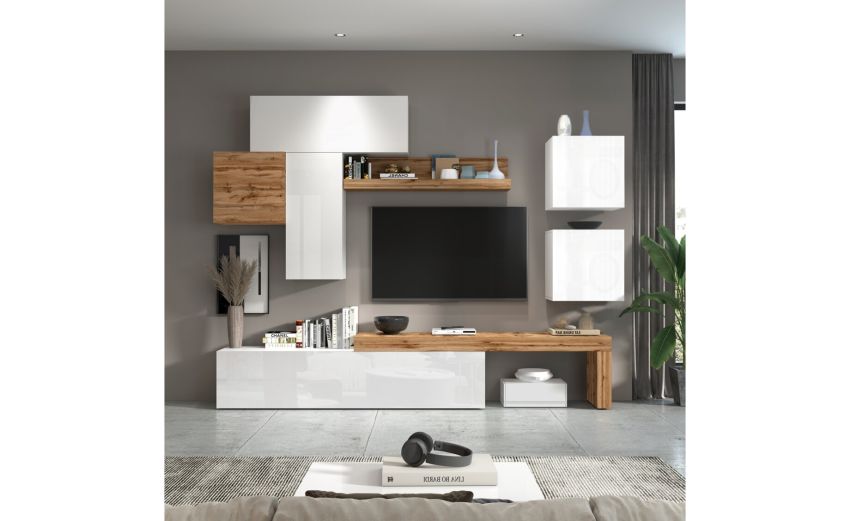 Vasto soggiorno colore bianco lucido e rovere L300 cm-Composizione 2--Nobilitato-220 cmx300 cm Vasto soggiorno colore bianco lucido e rovere L300 cm-Composizione 2--Nobilitato-220 cmx300 cm