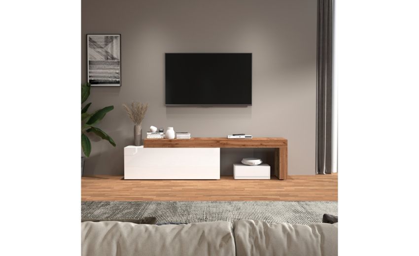 Vasto set porta tv bianco lucido e rovere L240 cm-Composizione 2-Bianco-Nobilitato-51 cmx240 cm Vasto set porta tv bianco lucido e rovere L240 cm-Composizione 2-Bianco-Nobilitato-51 cmx240 cm