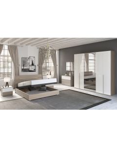 Mia camera matrimoniale olmo delicato/bianco lucido, letto con contenitore-Armadio 6 ante con specchi-Legno naturale-Nobilitato