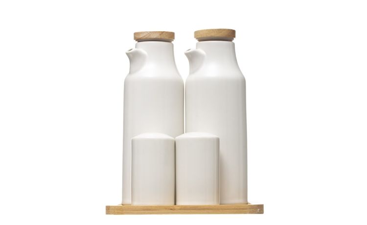 Vinegrette set condimento in ceramica e bamboo- -Bianco-Bamboo-18 cmx15