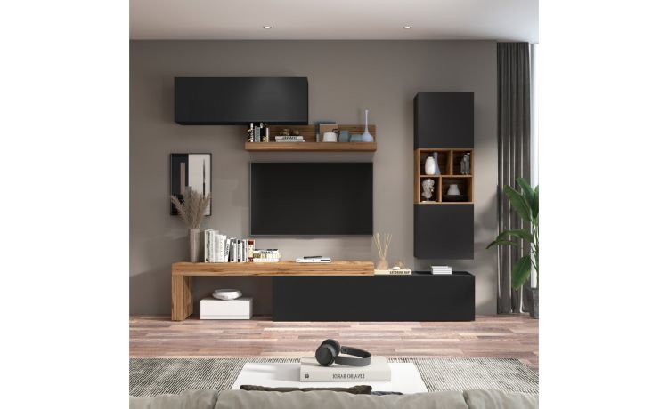 Vasto parete soggiorno colore antracite e rovere L280 cm-Composizione 12-Antracite-Nobilitato-220 cmx280 cm