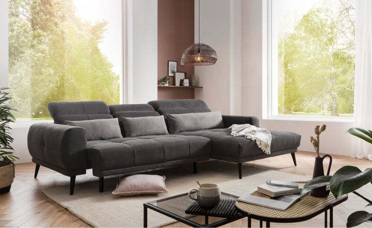 Arno divano relax con penisola in tessuto antracite-Seduta relax elettrico allungabile-Grigio scuro-Tessuto-80 cmx288 cm