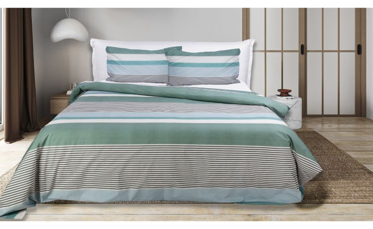 Ortigia Completo Letto Matrimoniale a Righe Petrolio 100% Cotone--Petrolio-Cotone