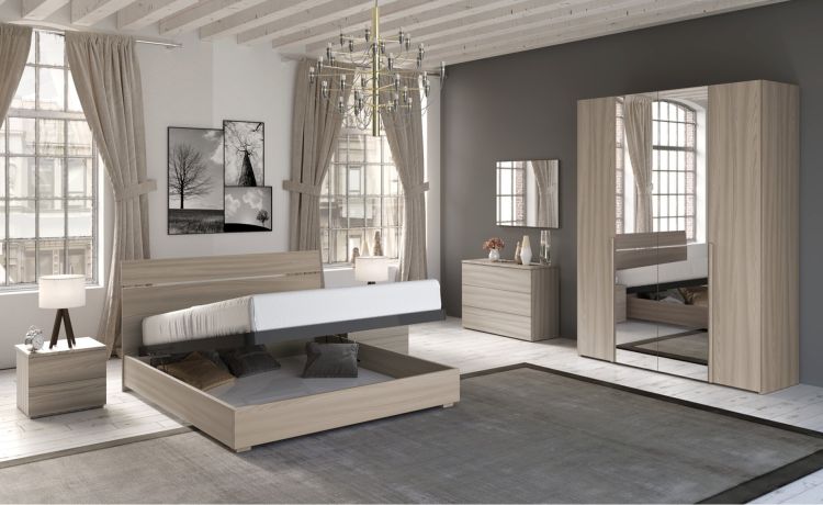 Mia camera matrimoniale olmo delicato, letto con contenitore-Armadio 4 ante con specchi-Legno naturale-Nobilitato