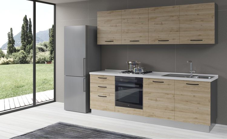 Gilda cucina 300 cm colore rovere cadiz -3 elettrodomestici, frigo da 320 lt--Pannello-216 cmx300 cm