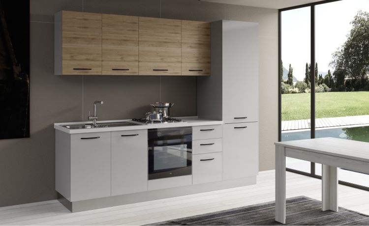 Gilda cucina 255 cm colore light grey e rovere cadiz-3 elettrodomestici, frigo da 320 lt-Grigio chiaro-Pannello