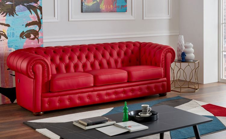 Chester divano 3 posti maxi in pelle rossa-Diversi rivestimenti e colori -Rosso-Pelle-73 cmx228 cm