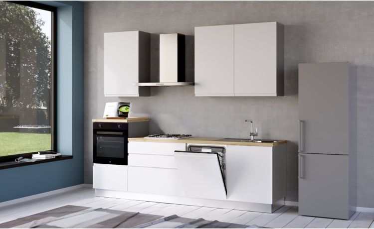 Iris cucina 270 cm colore bianco opaco con lavastoviglie-3 elettrodomestici --Melaminico