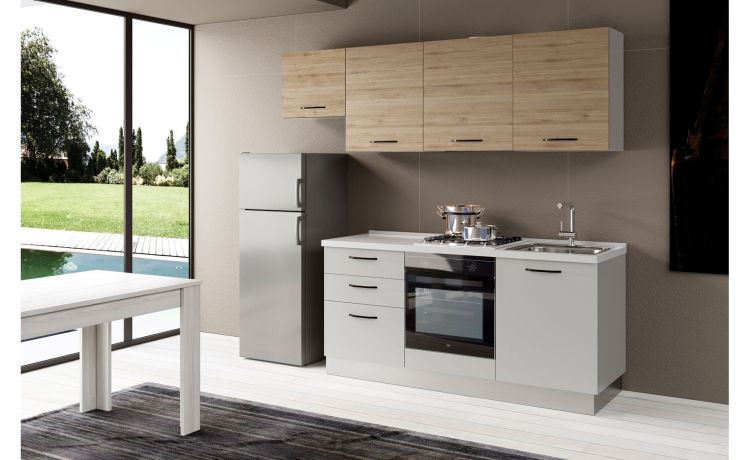 Gilda cucina 240 cm colore light grey e rovere cadiz -3 elettrodomestici-Grigio chiaro-Pannello