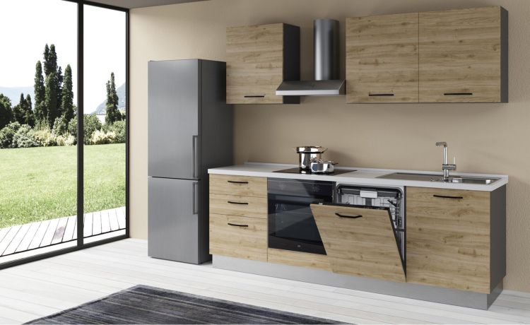 Gilda 2.0 cucina 300 cm colore rovere cadiz -4 elettrodomestici, Piano Cottura a INDUZIONE--Pannello-216 cmx300 cm