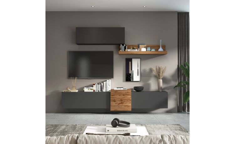 Vasto parete soggiorno colore antracite e rovere L260 cm-Composizione 11-Antracite-Nobilitato-220 cmx260 cm