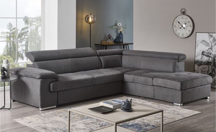 Neil divano angolare in tessuto antracite-Panchetta relax estraibile e contenitore-Grigio scuro-Tessuto-205 x 125 cm