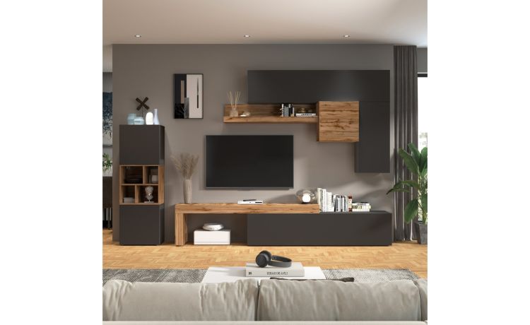 Vasto parete soggiorno colore antracite e rovere L350 cm-Composizione 5-Antracite-Nobilitato-220 cmx350 cm