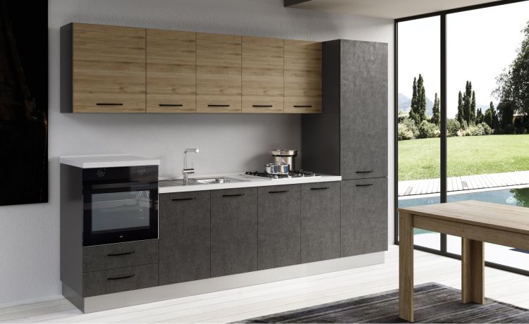 Gilda cucina 300 cm colore cemento scuro e rovere cadiz -3 elettrodomestici, frigo da 320 lt-Legno naturale-Pannello