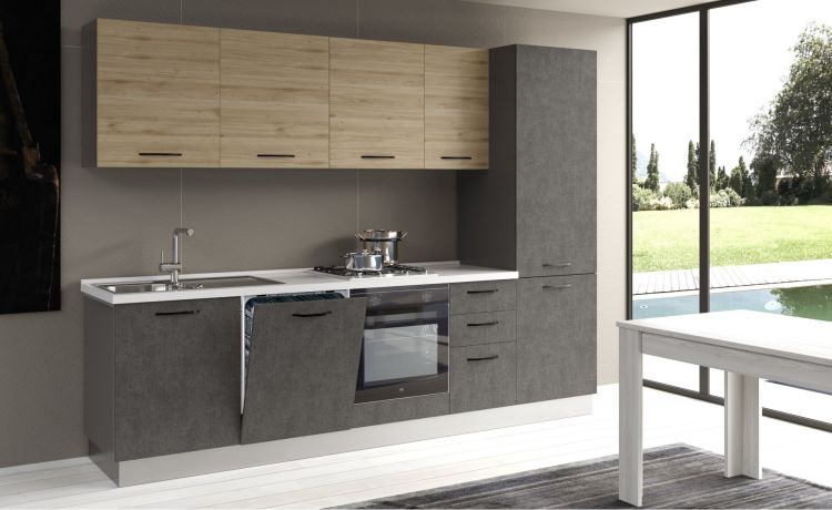 Gilda cucina 285 cm colore cemento scuro e rovere cadiz-4 elettrodomestici, frigo da 320 lt-Legno naturale-Pannello