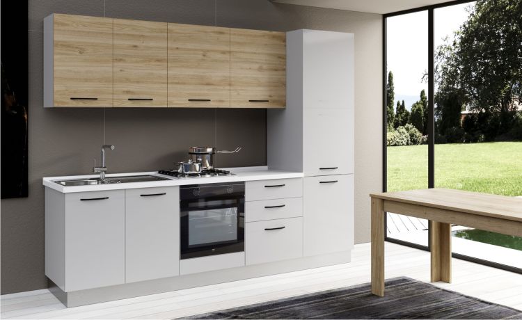Gilda cucina 270 cm colore light grey e rovere cadiz-3 elettrodomestici, frigo da 320 lt-Grigio chiaro-Pannello