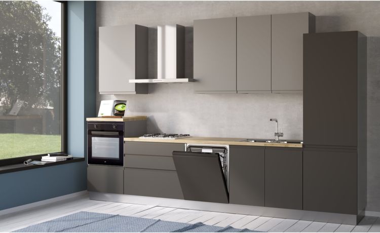 Iris cucina 360 cm colore grigio scuro e grigio chiaro con lavastoviglie-4 elettrodomestici--Melaminico