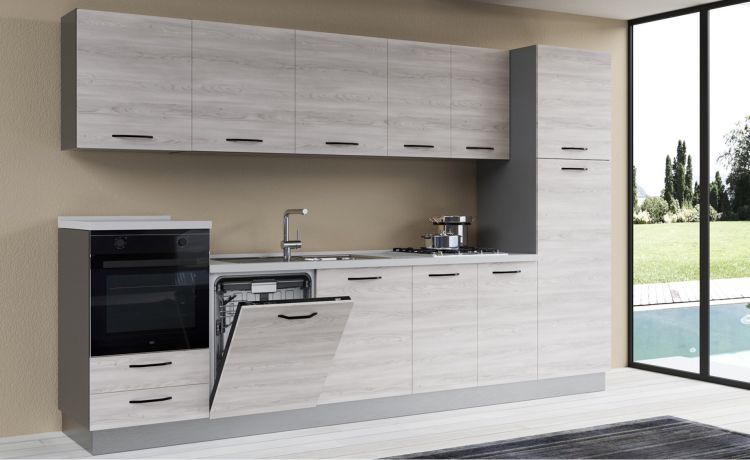 Gilda cucina 330 cm colore frassino ghiaccio -4 elettrodomestici, frigo da 230  lt--Pannello-216 cmx330 cm