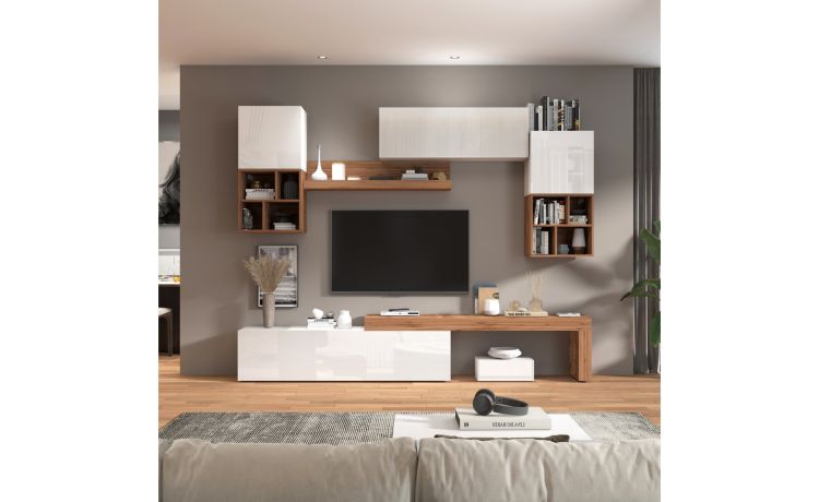 Vasto soggiorno colore bianco lucido e rovere L280 cm-Composizione 3--Nobilitato-220 cmx280 cm