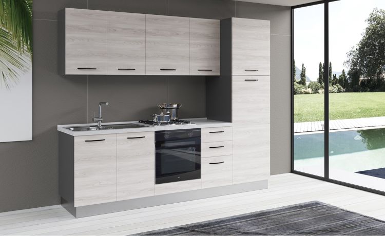 Gilda cucina 255 cm colore frassino ghiaccio-3 elettrodomestici, frigo da 230 lt--Pannello-216 cmx255 cm