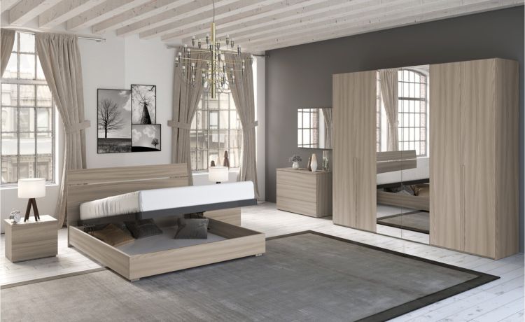 Mia camera matrimoniale olmo delicato, letto con contenitore-Armadio 6 ante con specchi-Legno naturale-Nobilitato