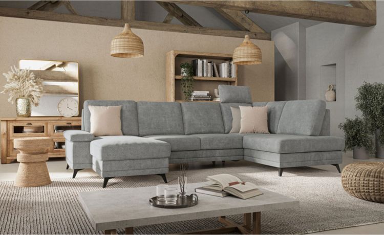 Brera divano componibile in tessuto grigio-Con panchetta letto e contenitore--Tessuto-90 cmx318 cm