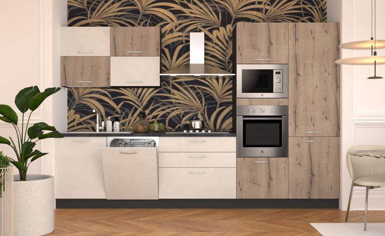 Sally cucina 330 cm cemento bianco/legno nodato--Bianco-Melaminico-216 cmx330 cm