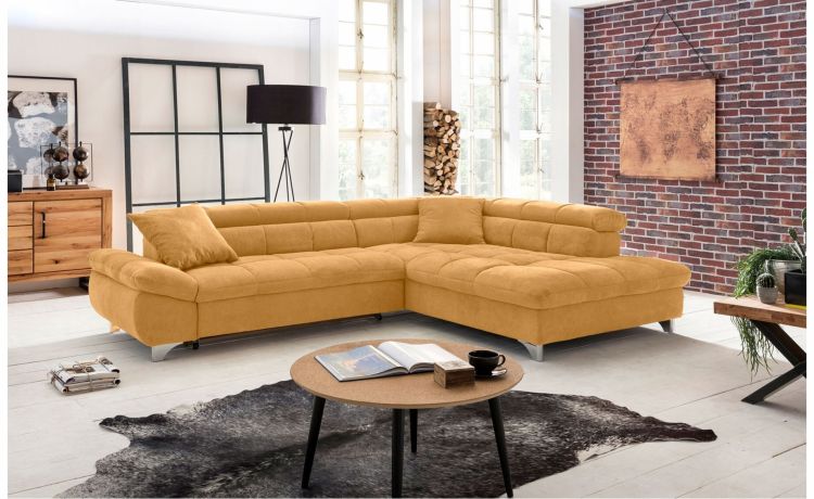 George divano angolare in tessuto senape-Panchetta relax estraibile-Senape-Tessuto-228 x 124 cm