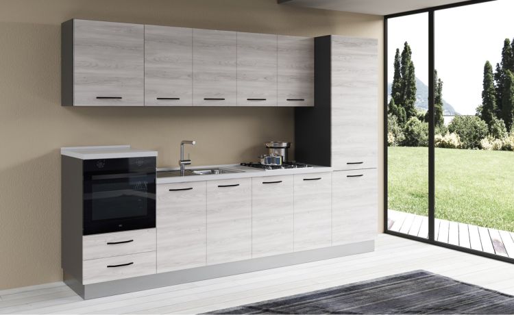 Gilda cucina 300 cm colore frassino ghiaccio -3 elettrodomestici, frigo da 320 lt--Pannello-216 cmx300 cm