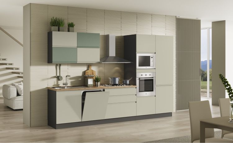 Clea cucina 330 cm colore grigio sasso e verde salvia-5 elettrodomestici-Grigio-Melaminico-216 cmx330 cm
