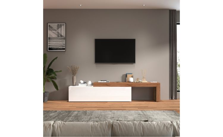 Vasto set porta tv bianco lucido e rovere L270 cm-Composizione 3-Bianco-Nobilitato-51 cmx270 cm