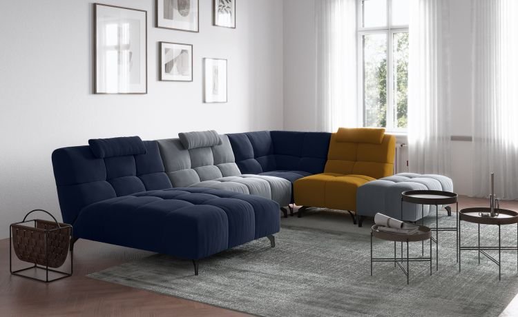 Modular divano componibile in tessuto grigio, blu e giallo