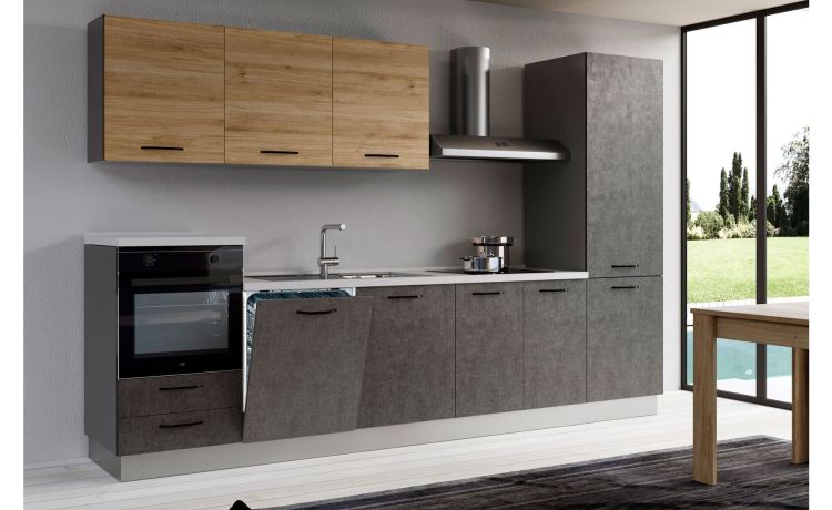 Gilda 2.0 cucina  330 cm colore portland e rovere cadiz -4 elettrodomestici, Piano Cottura a INDUZIONE-Legno naturale-Pannello melaminico