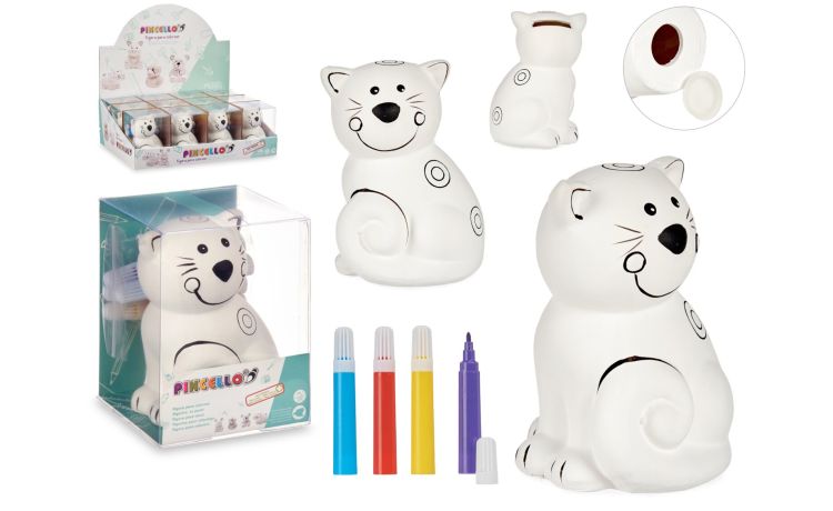Salvadanaio in ceramica forma di gatto-con 4 pennarelli