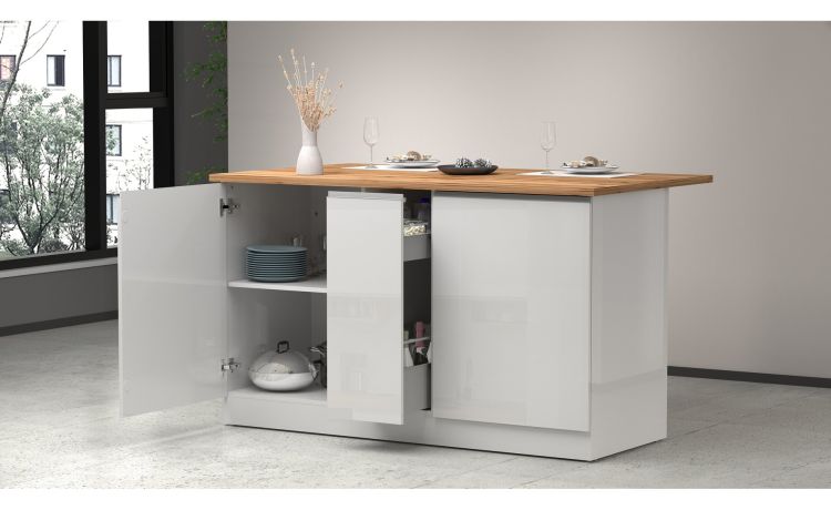 Snack isola 2 ante, 1 cassetto bianco lucido/rovere L155 cm----90 cmx155 cm