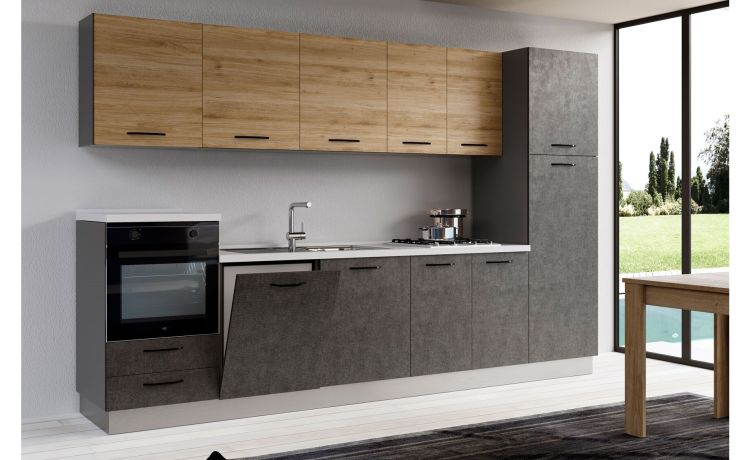 Gilda cucina 330 cm colore cemento scuro e rovere cadiz-4 elettrodomestici, frigo da 230 lt-Legno naturale-Pannello
