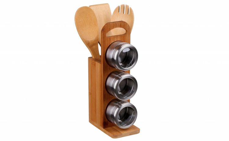 Portaspezie bamboo con utensili e 3 contenitori- -Legno naturale-Bamboo-31