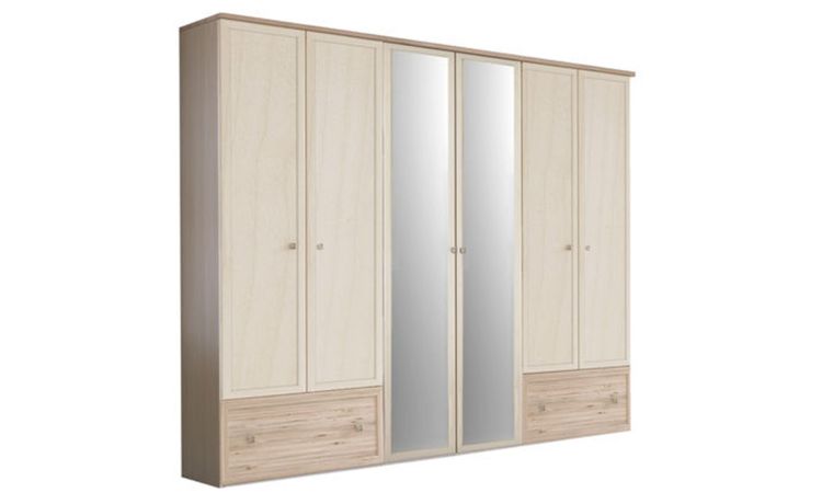 Susy armadio 6 ante battenti e 2 cassetti betulla con specchio-In pannello ecologico certificato-Legno naturale-Pannello ecologico-241 cmx258 cm
