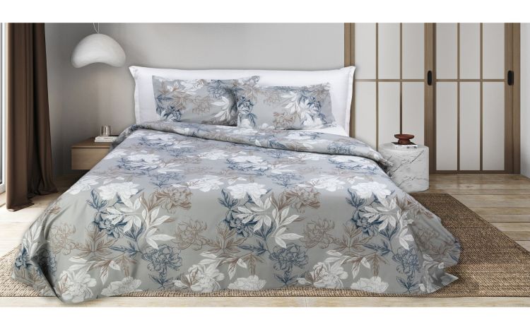 Levanzo Completo Letto Matrimoniale Grigio Floreale 100% Cotone--Grigio-Cotone